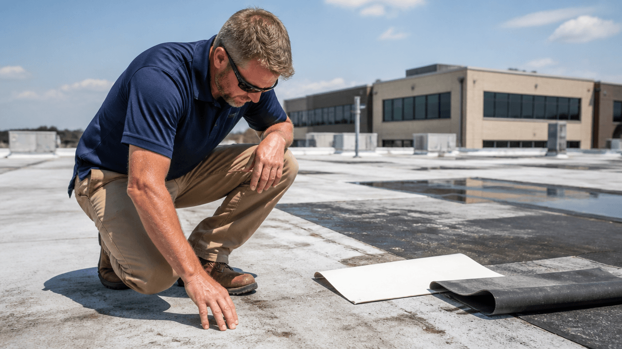 Professional roofer comparing TPO and EPDM roofing materials on a flat commercial roof