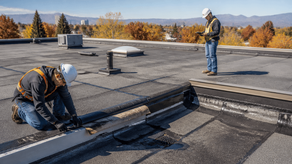 Commercial flat roof showing built-up roofing layers and inspection for durability and leak protection