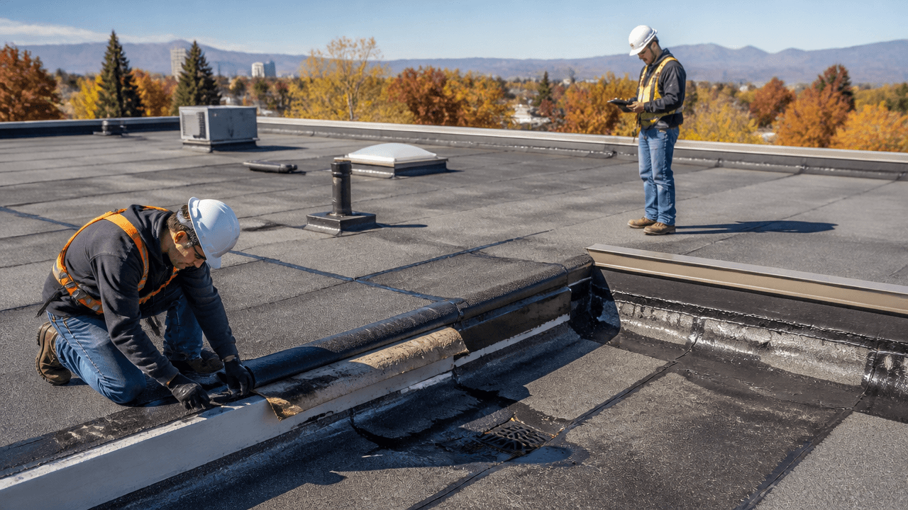 Commercial flat roof showing built-up roofing layers and inspection for durability and leak protection