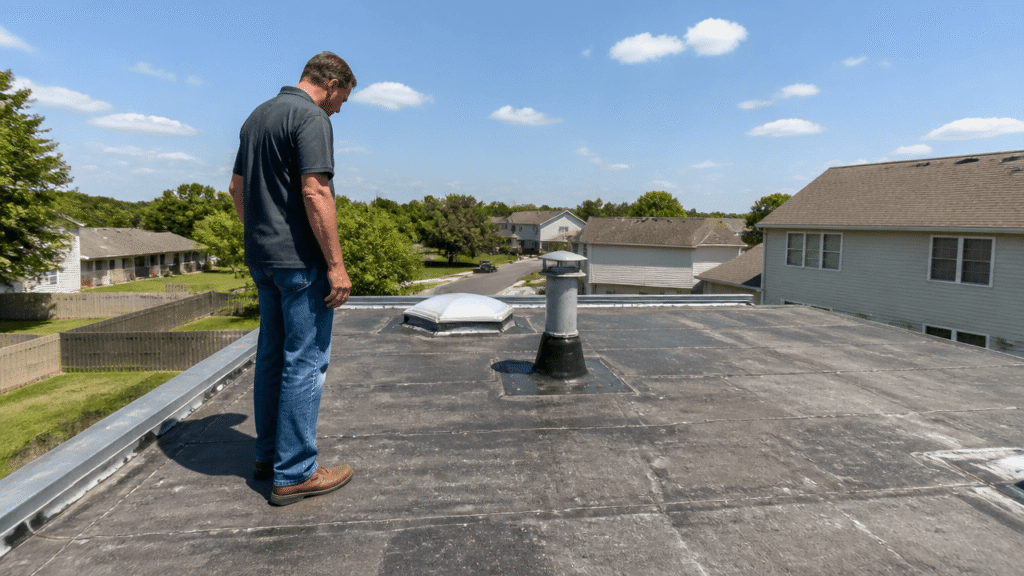 Homeowner checking a built-up roofing maintenance checklist on a flat roof in summer with clear sky.