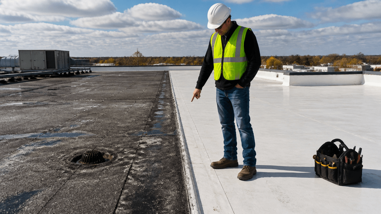 Built-up roofing vs TPO for flat roofs on a commercial roof inspection by a male roofer