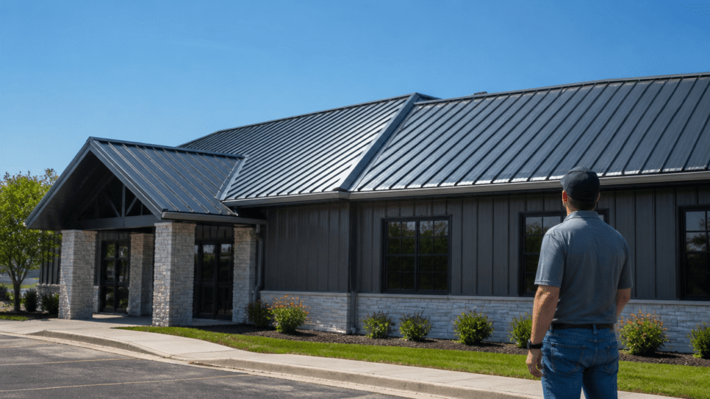 Commercial metal roof on a business showing durable roofing benefits in summer weather