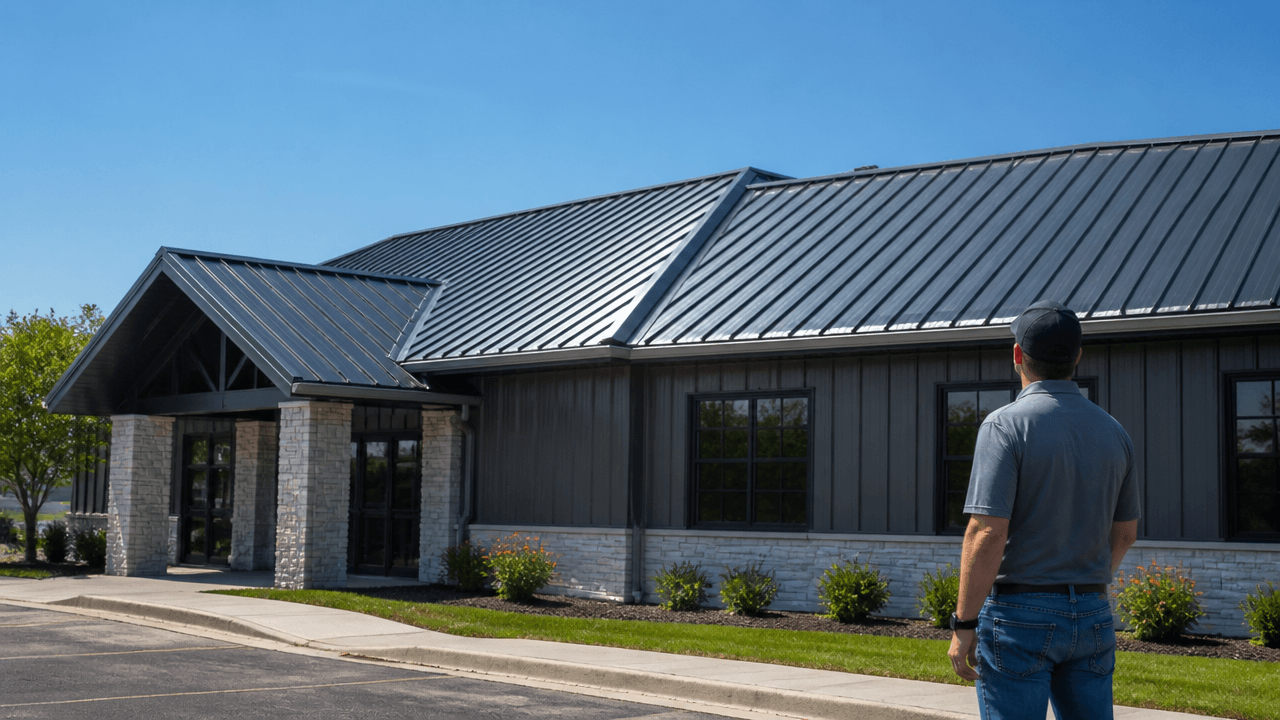 Commercial metal roof on a business showing durable roofing benefits in summer weather