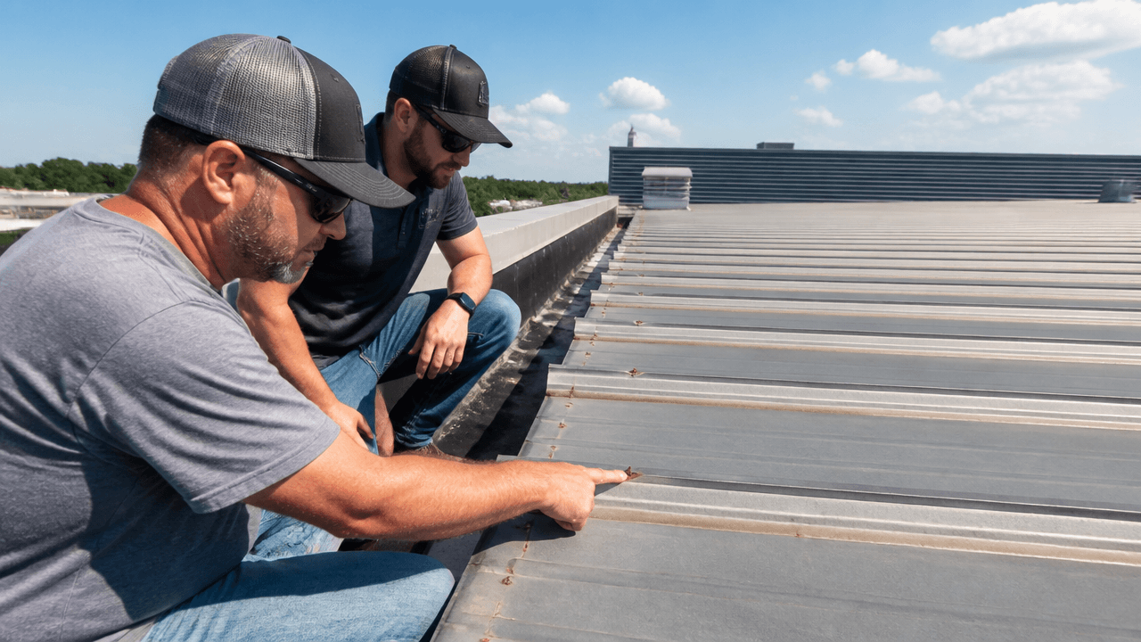 Commercial roofing professionals inspecting a metal roof for damage and maintenance issues
