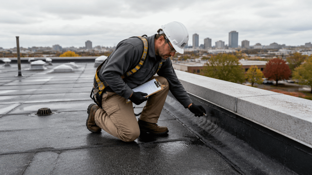 Commercial roof inspection before fall on a flat commercial building roof with a roofer checking seams