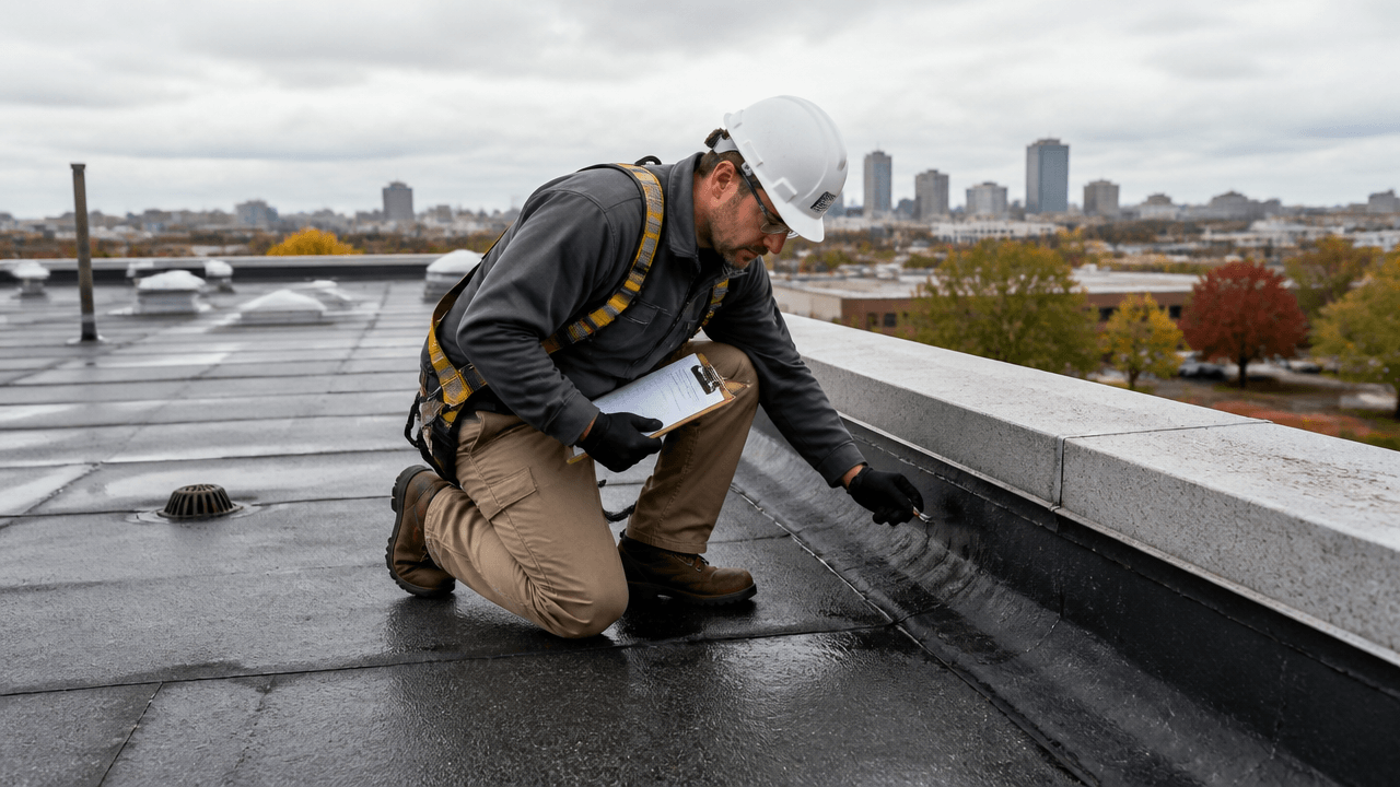 Commercial roof inspection before fall on a flat commercial building roof with a roofer checking seams