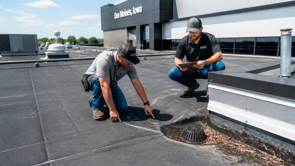 Commercial roof maintenance before fall on a flat rooftop with two workers inspecting drains and flashing