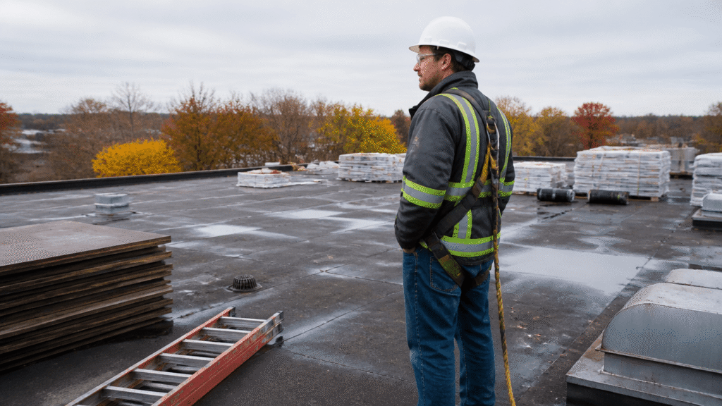 Commercial roof replacement before winter on a business building with roofing crew preparing for cold weather