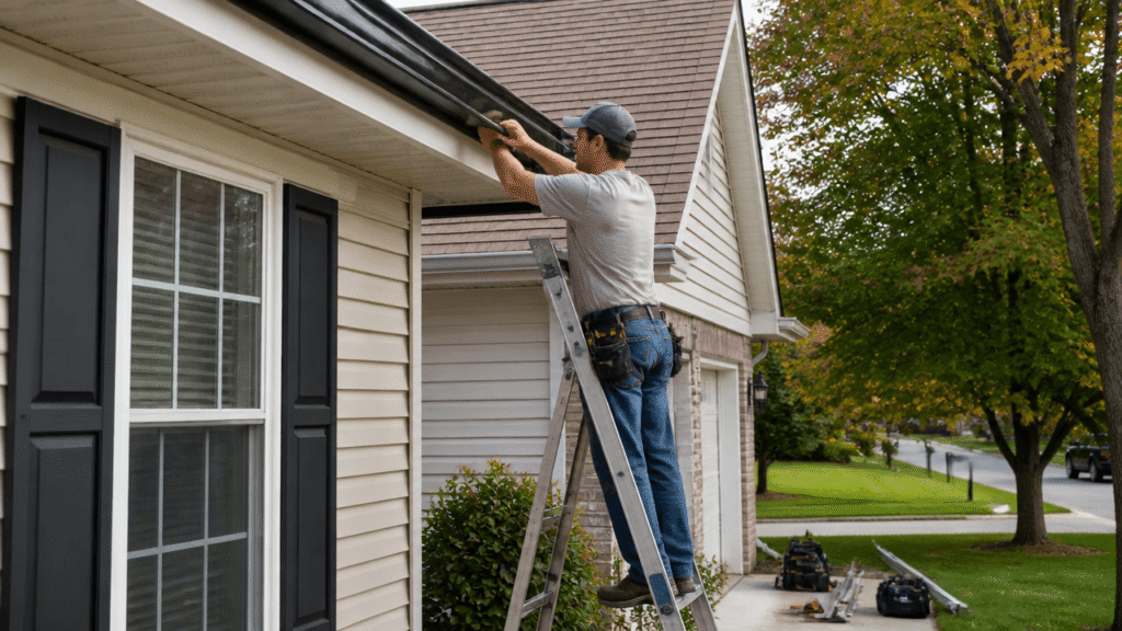 Gutter installation before fall season on a suburban home roof with a technician fitting new gutters
