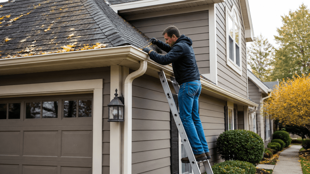 Homeowner cleaning gutters before fall leaves to prevent clogs and water damage