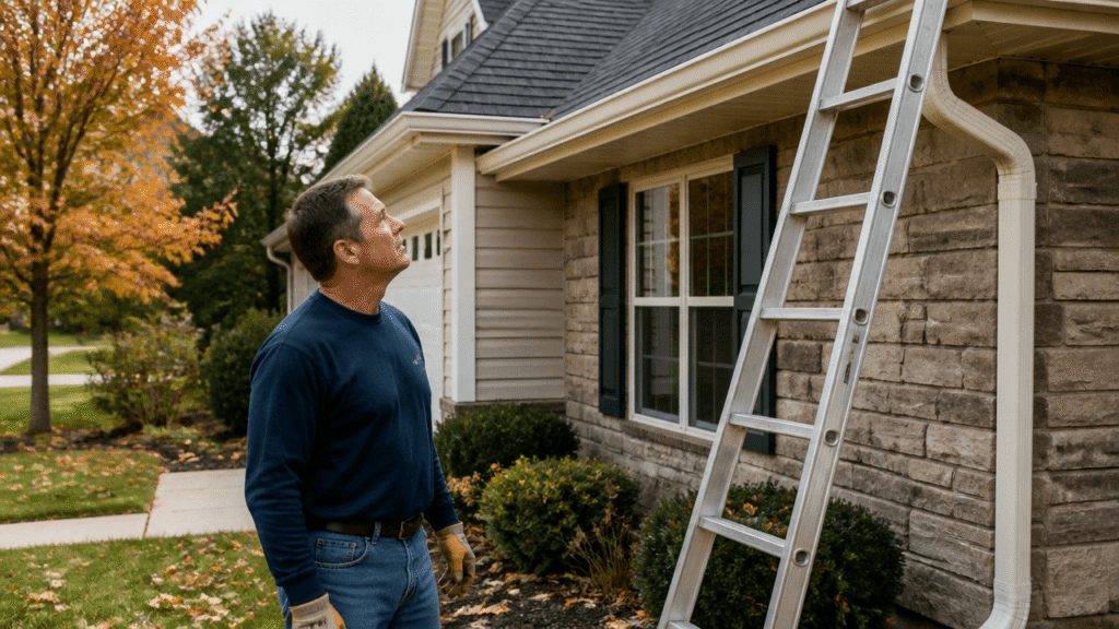 Homeowner inspecting gutters before fall season replacement checklist on a suburban house