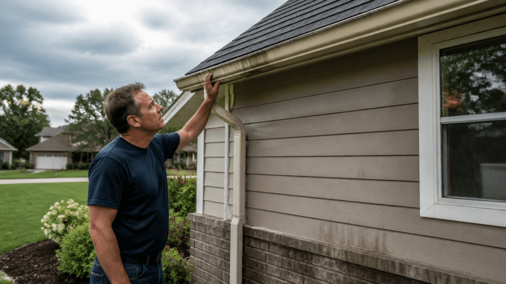 Homeowner inspecting gutters to understand gutter replacement benefits for homeowners