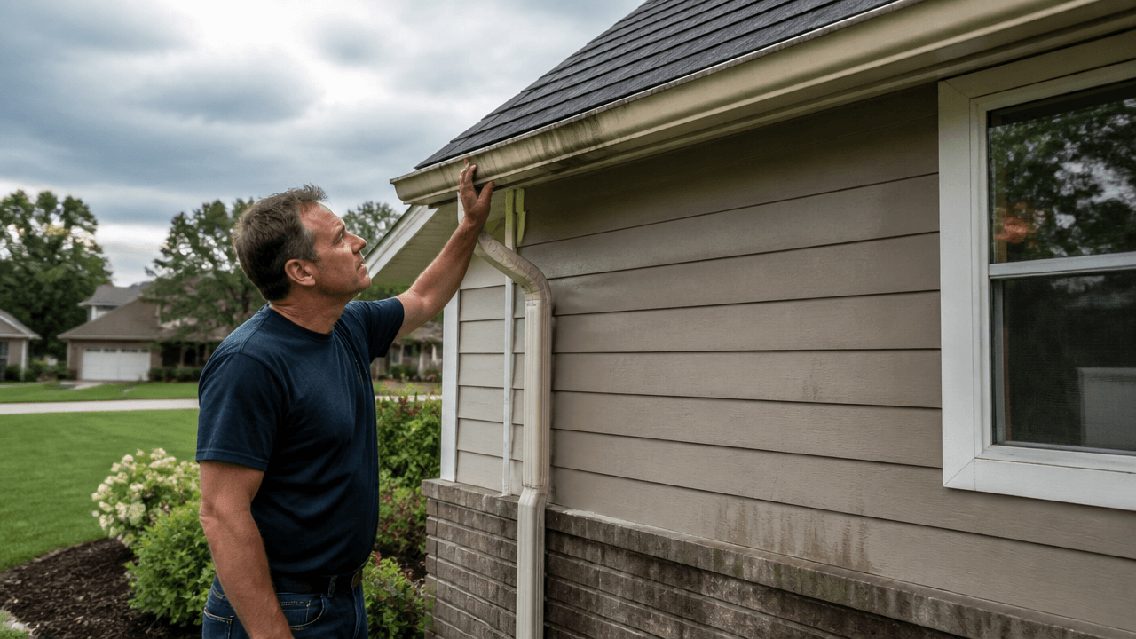 Homeowner inspecting gutters to understand gutter replacement benefits for homeowners