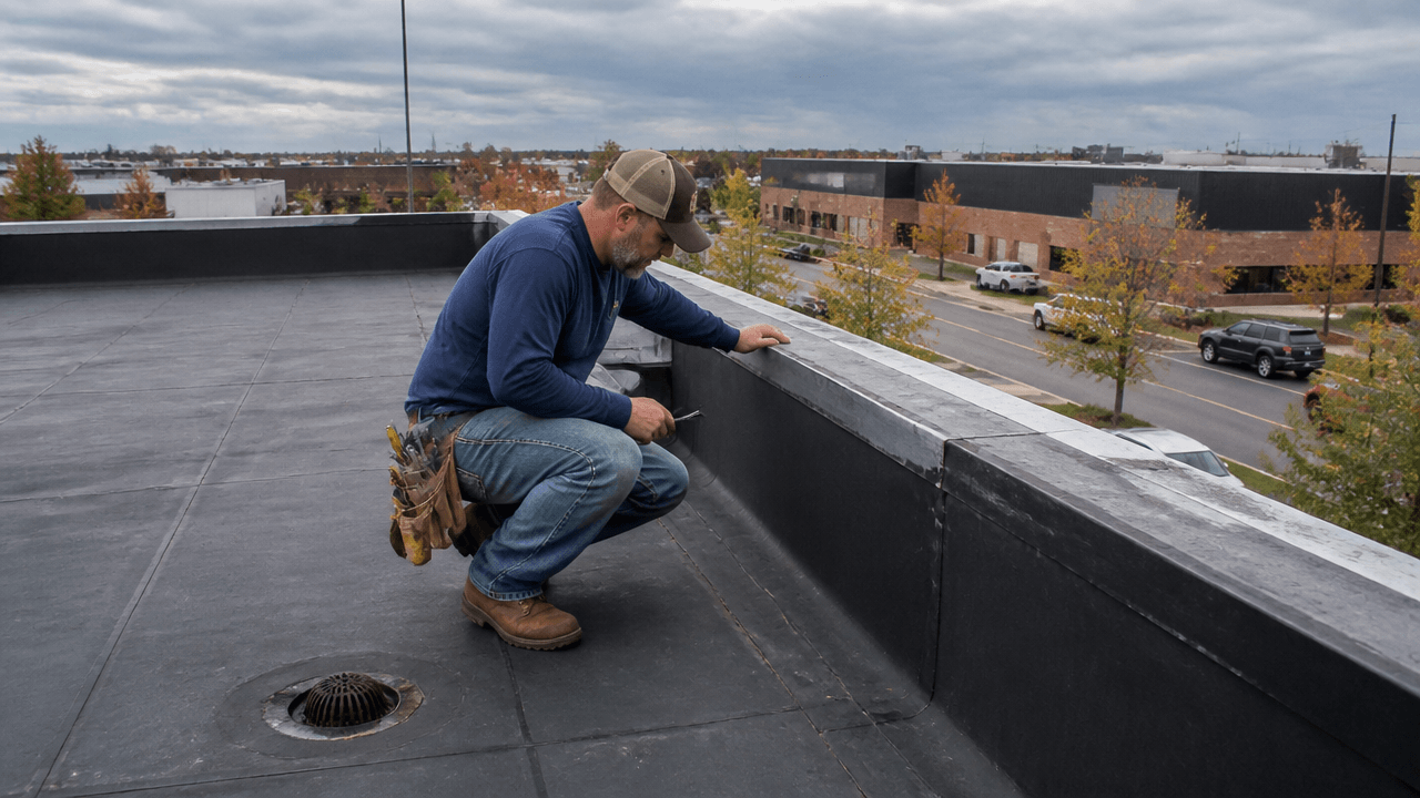 Modified bitumen roofing on a flat commercial building with a roofer inspecting seams and edges