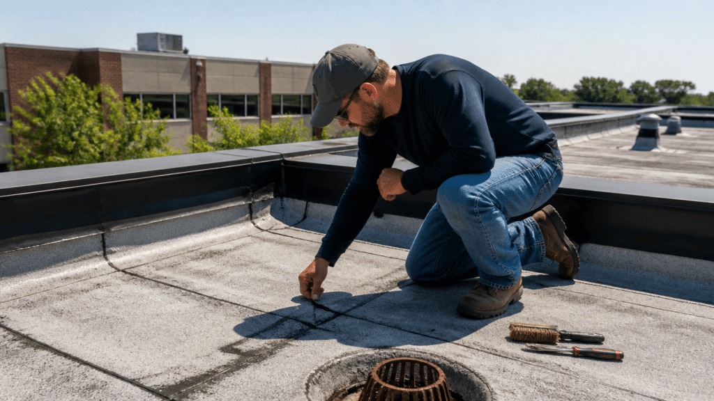 Modified bitumen roofing maintenance tips for a commercial roof inspection in summer heat