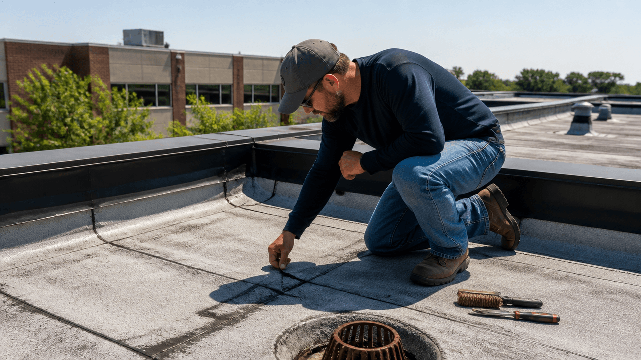 Modified bitumen roofing maintenance tips for a commercial roof inspection in summer heat