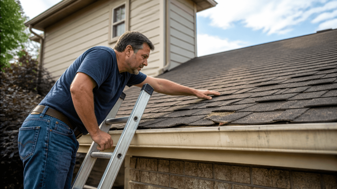 Homeowner inspecting roof shingles after summer for signs of damage and wear
