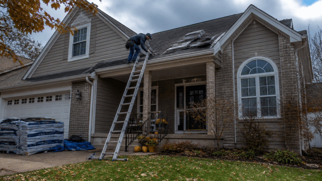 Residential roof replacement before winter on a suburban home with a roofer inspecting shingles