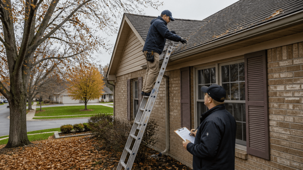 Roof inspectors checking shingles and gutters before winter on a suburban home roof