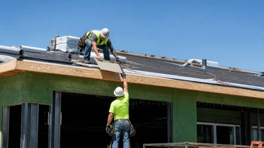Roofing crew installing a new roof on a building during the roof installation process for new buildings