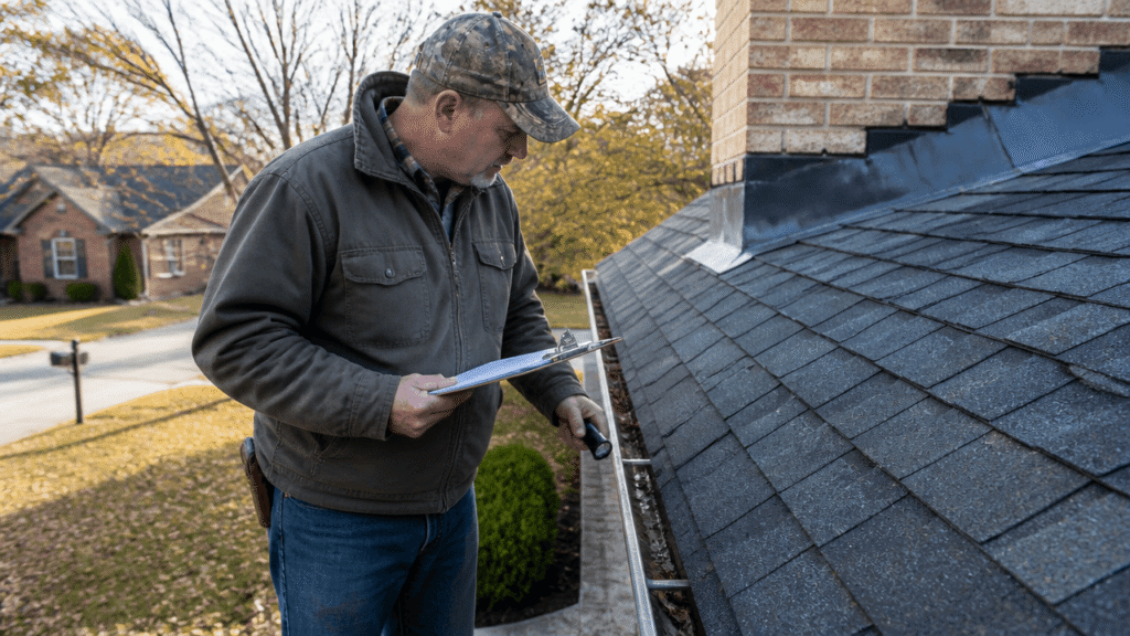 Roofing contractor inspecting shingles and gutters for winter roof maintenance checklist before winter