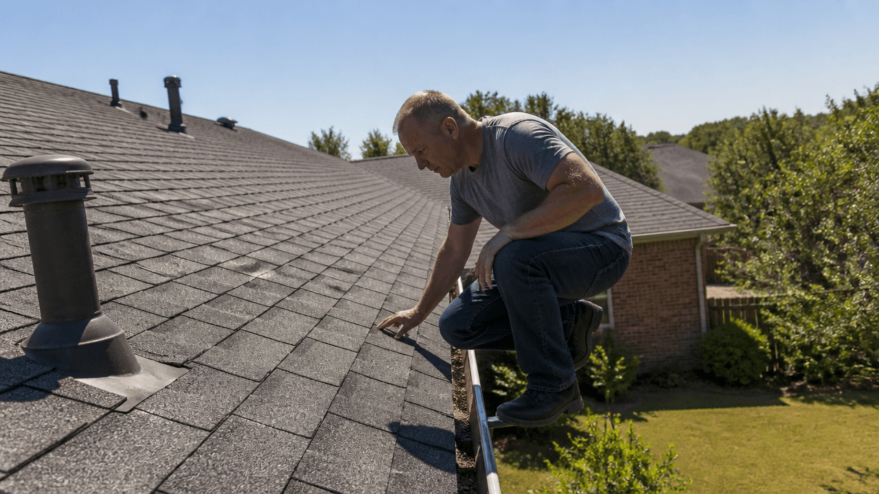 Roof ventilation problems in late summer on a suburban home with attic heat and roof vents visible