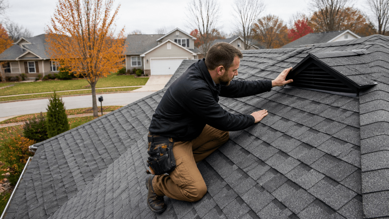 Male roofer inspecting attic vents on a suburban home in fall for roof ventilation solutions