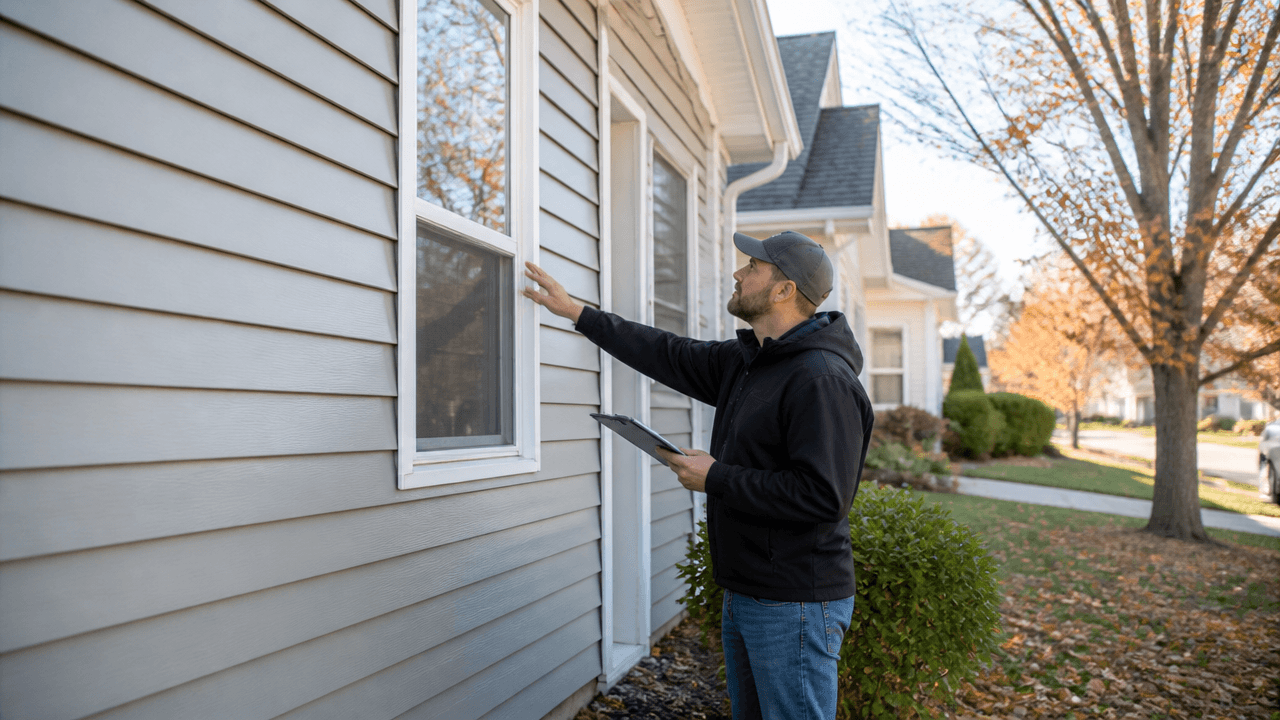 Male siding inspector checking home exterior for damage before winter weather arrives