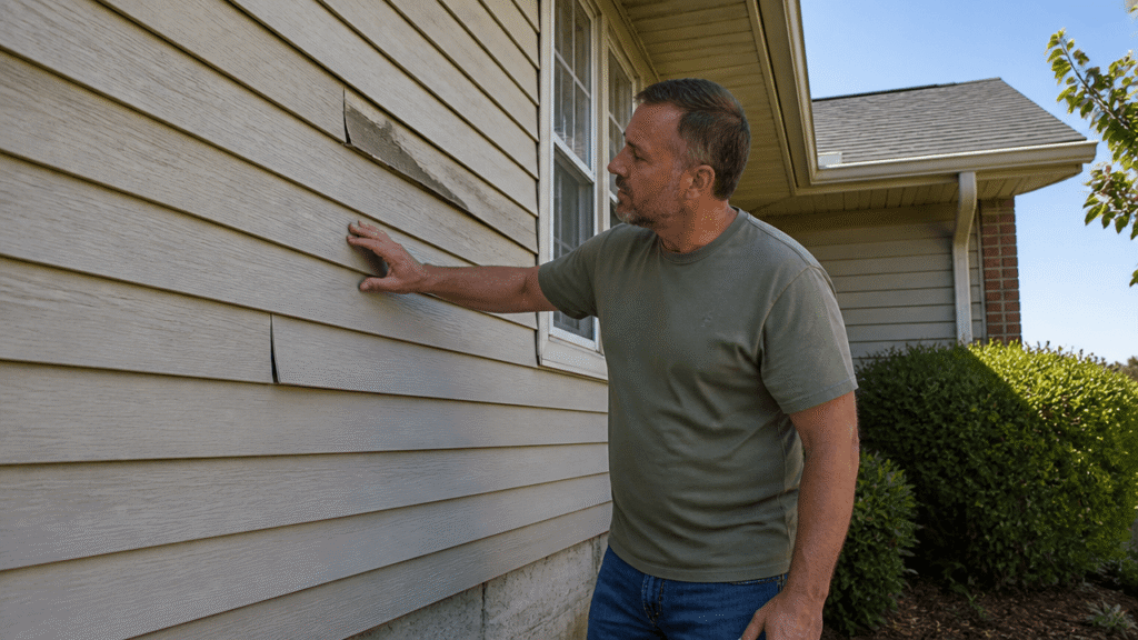 Homeowner checking siding repair signs before fall weather on a suburban house exterior
