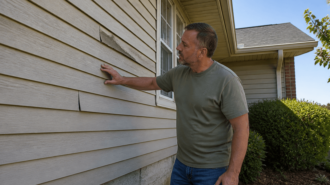 Homeowner checking siding repair signs before fall weather on a suburban house exterior