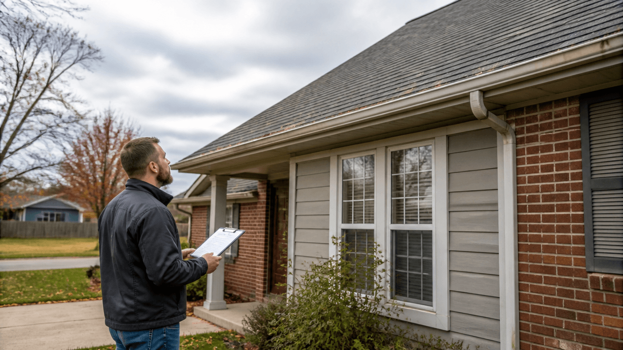 Roofing contractor inspecting storm damage before fall season in Wichita Kansas home