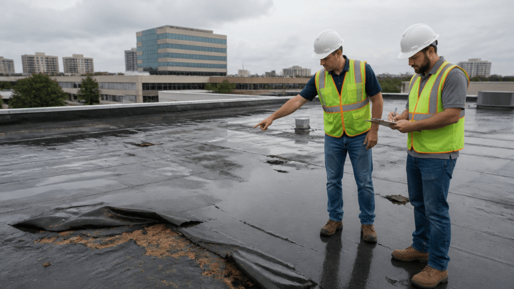 Commercial roof storm damage restoration after a Houston summer storm with inspectors assessing repairs