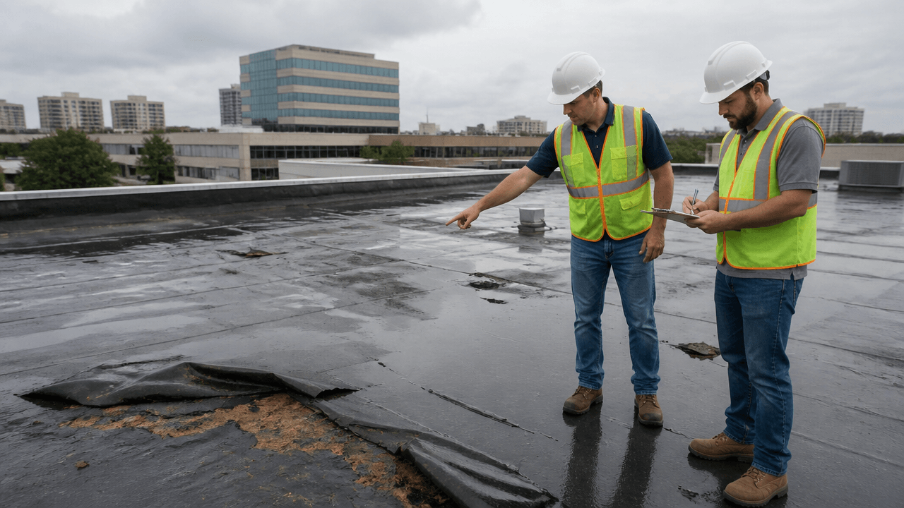 Commercial roof storm damage restoration after a Houston summer storm with inspectors assessing repairs