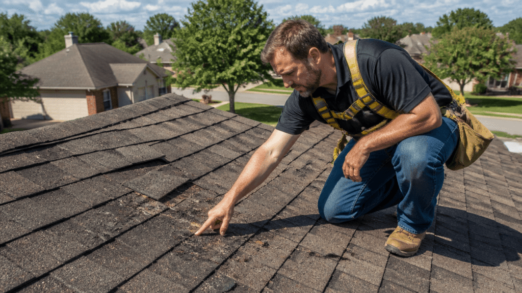 Roofing professional inspecting storm damage on a residential roof after severe weather in Sherman, TX