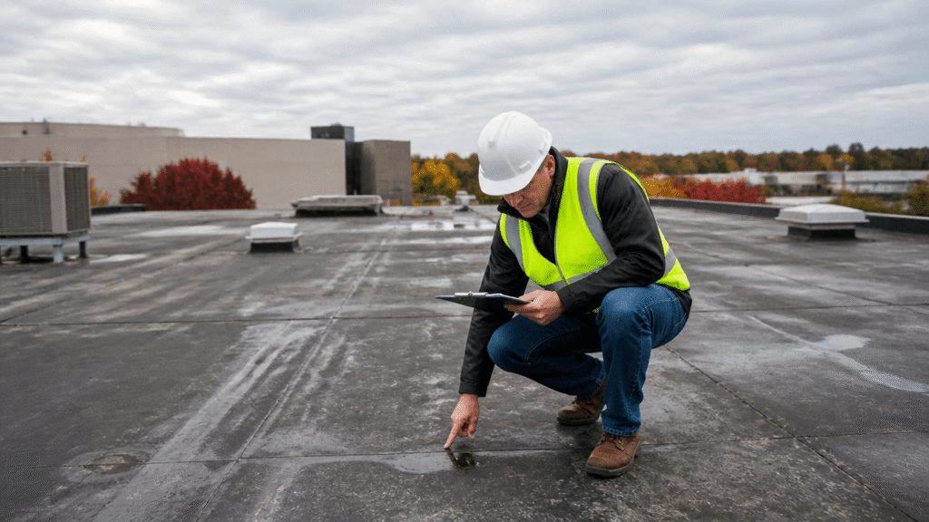 Commercial roofing systems checklist on a flat business roof with a roofer inspecting for damage