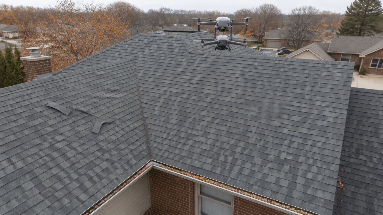 Drone roof inspection over a home roof with visible fall storm wear and lifted shingles