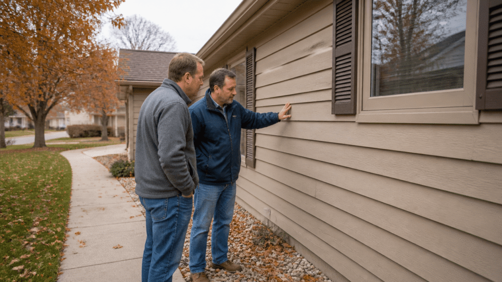 Homeowner and contractor inspecting house siding options on an Omaha home in fall weather