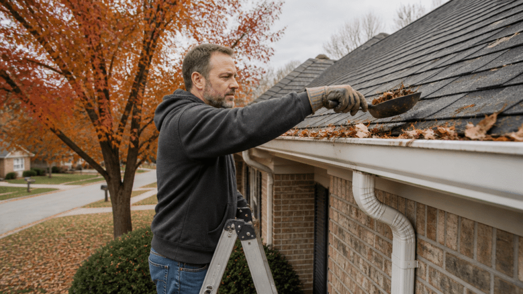 Homeowner cleaning gutters before fall rain on a suburban Oklahoma City house with ladder and leaves