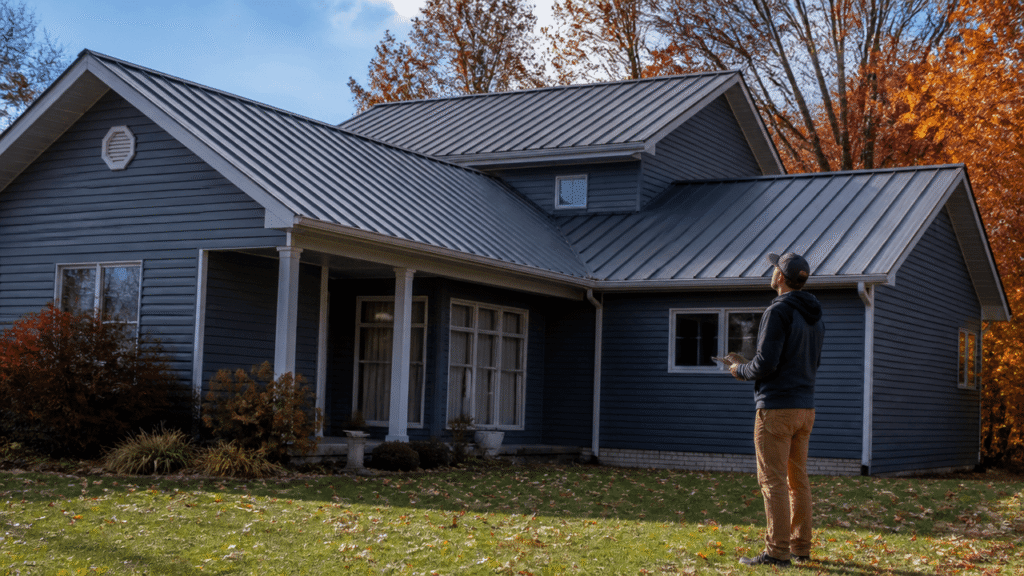 Metal roof on a home showing metal roofing pros and cons for homeowners to consider
