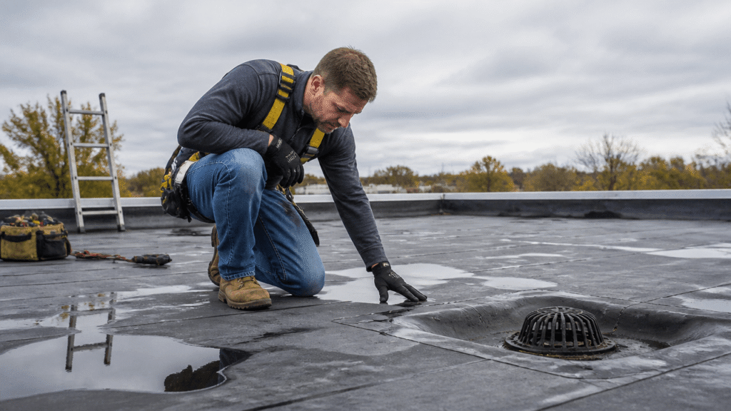 Roofing contractor inspecting a modified bitumen roof on a commercial building in Sherman, TX