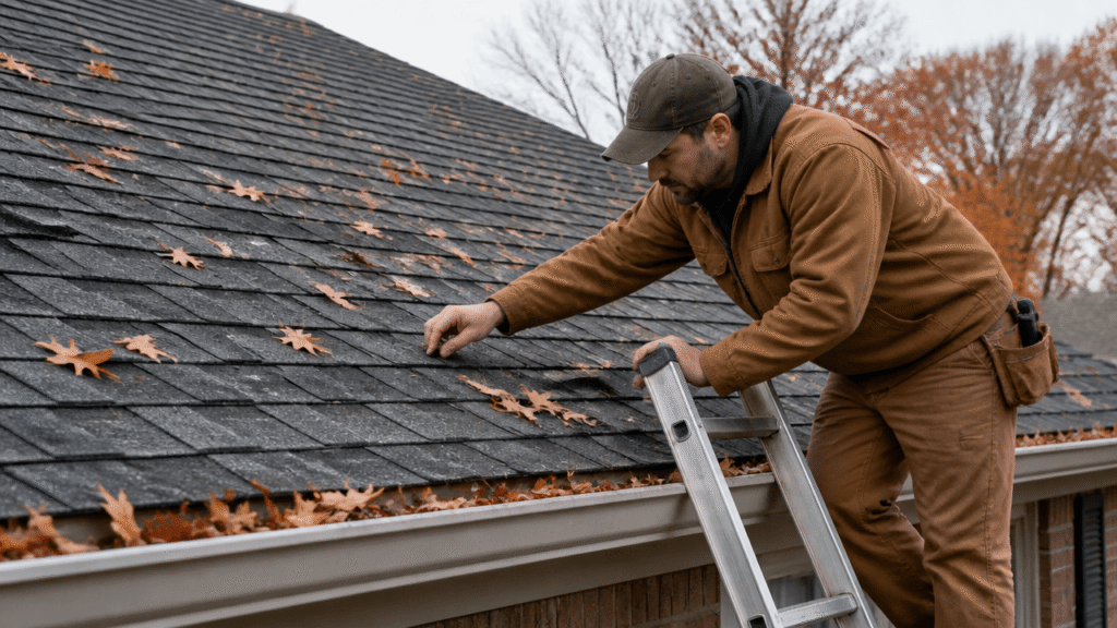 Preventative roof maintenance on a Tulsa home with a roofer checking shingles and gutters in fall