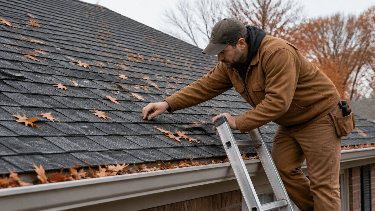 Preventative roof maintenance on a Tulsa home with a roofer checking shingles and gutters in fall