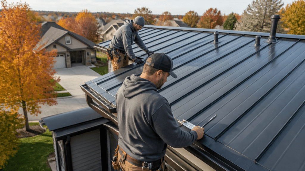 Residential metal roofing on a Kansas City home by Shamrock Roofing during fall inspection