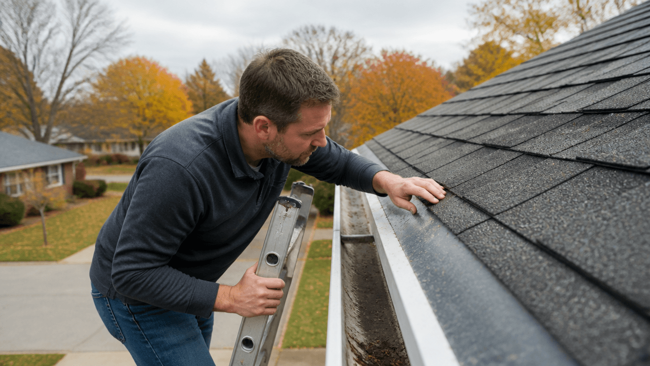 Homeowner inspecting roof shingles with a roof inspection checklist in fall weather
