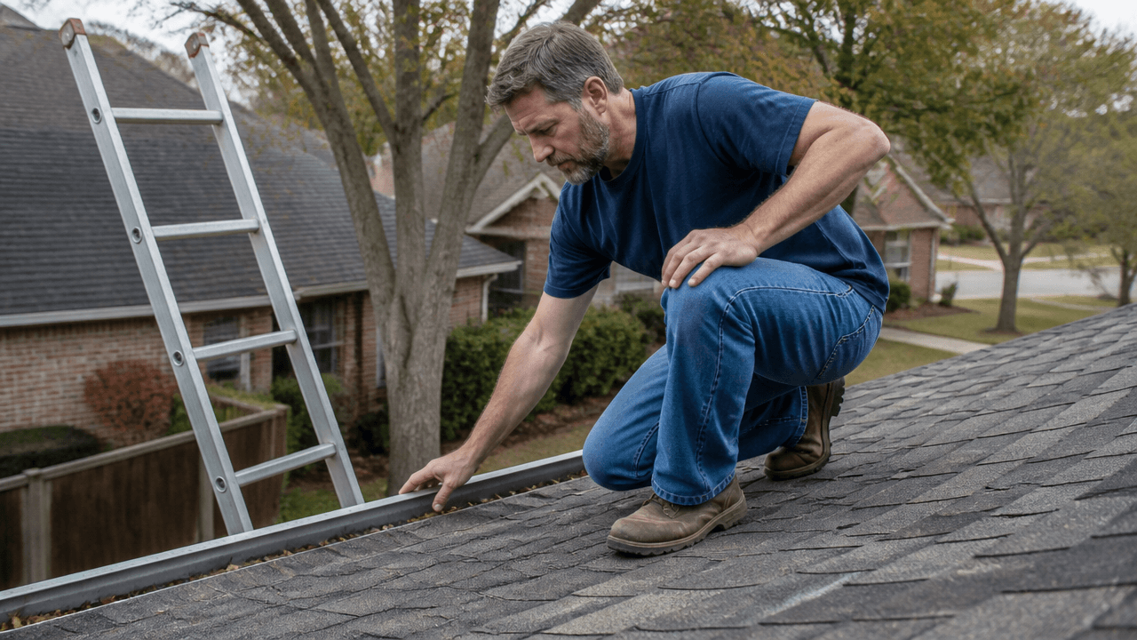 Homeowner checking roof shingles for maintenance in Houston with Shamrock Roofing focus
