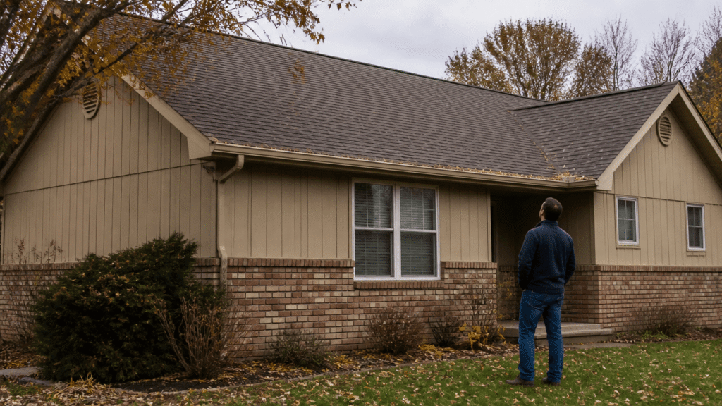 American homeowner inspecting roof storm damage after a fall storm in Wichita, KS