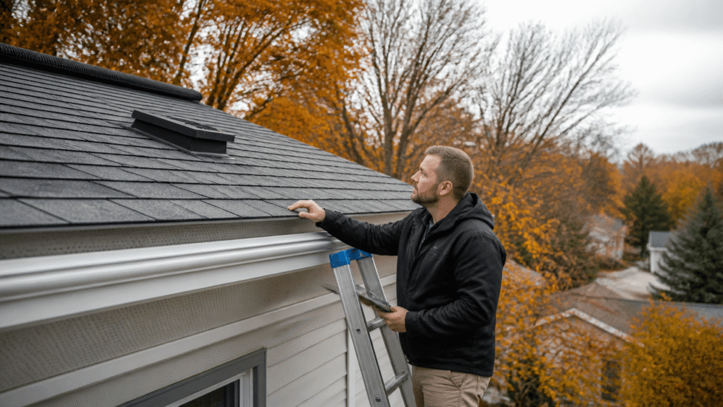 Roof ventilation types on a Lincoln, NE home with ridge and soffit vents in fall weather