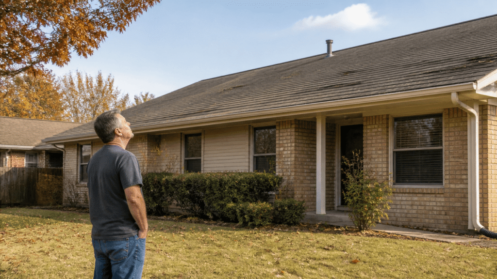 Home with aging roof showing signs you need a new roof in Sherman, TX autumn weather