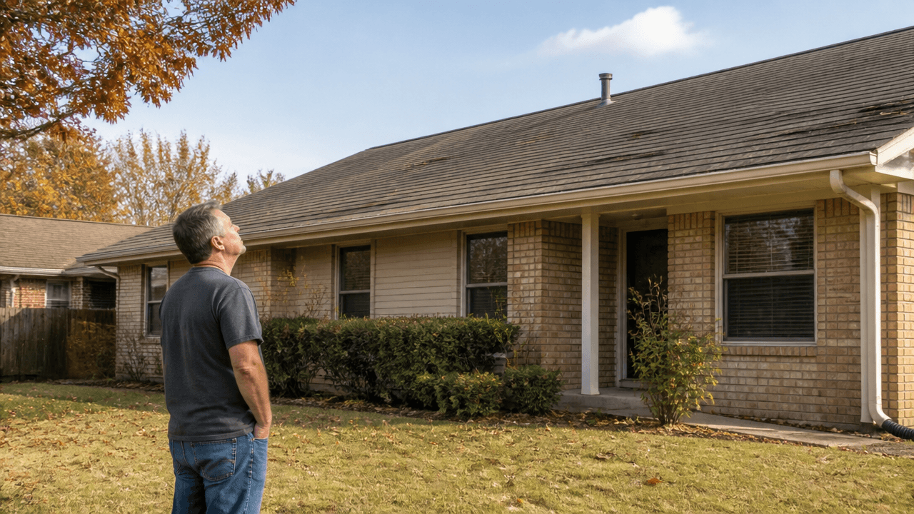 Home with aging roof showing signs you need a new roof in Sherman, TX autumn weather