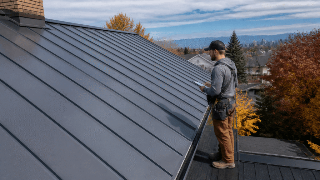 Standing seam metal roofing on a Denver home during fall roof inspection